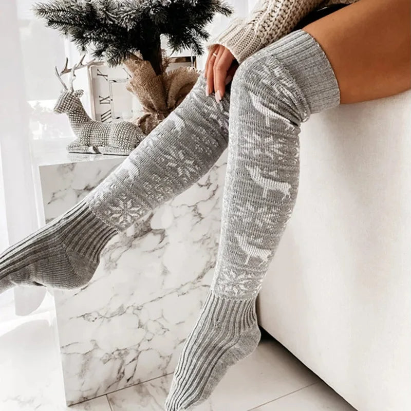 Festive Flakes Over-the-Knee Christmas Socks for Women